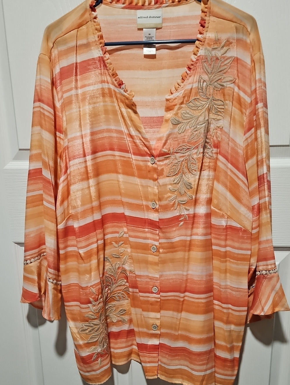 Alfred Dunner Orange and Cream Striped Embroidered Button-Down Top
